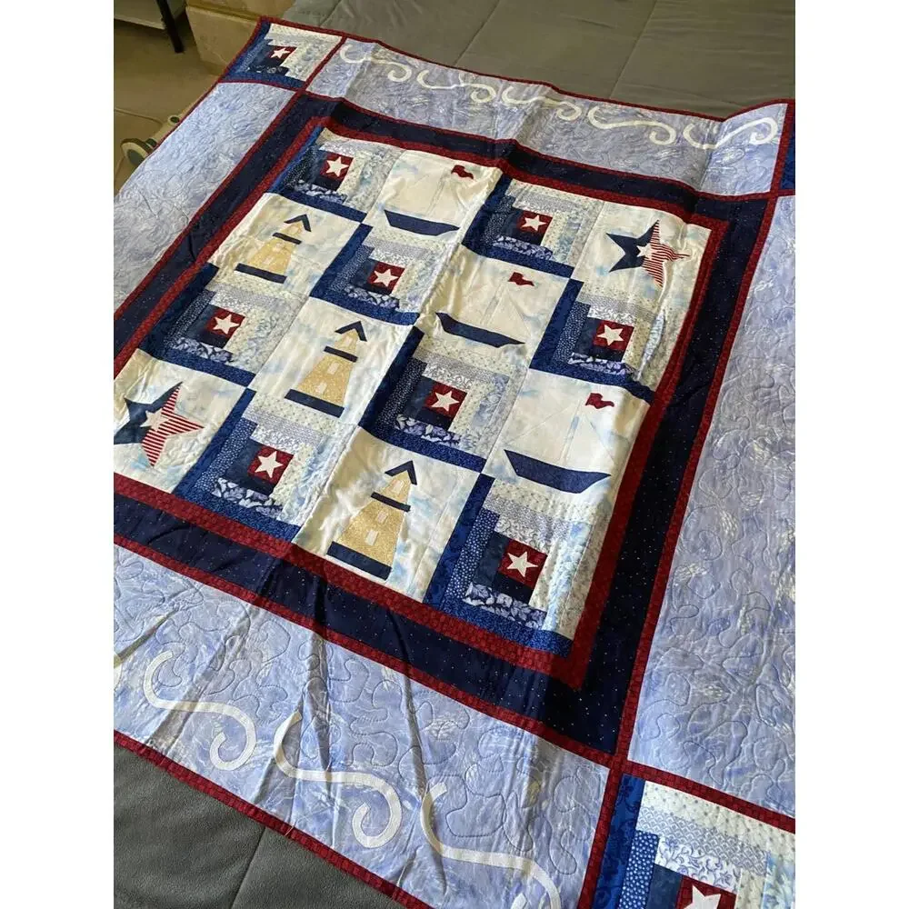 Seaside Nautical Themed Quilt with Lighthouse and Star Patterns